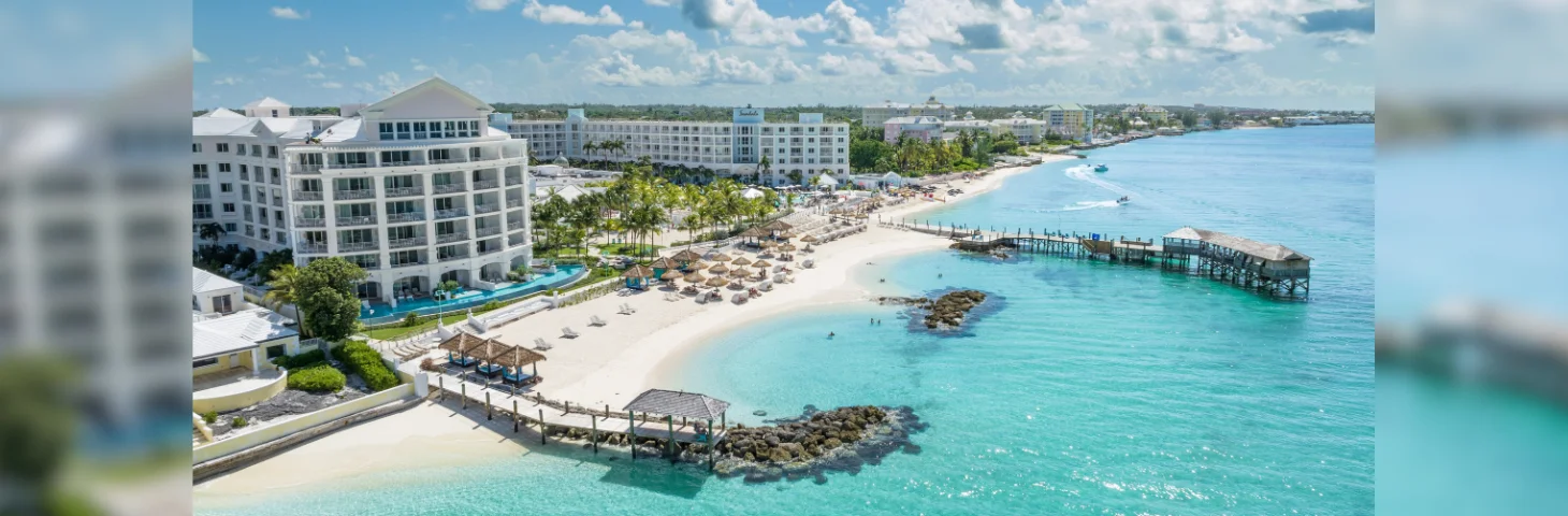 An aerial view of the beachfront area at Sandals Royal Bahamian Spa Resort & Offshore Island.