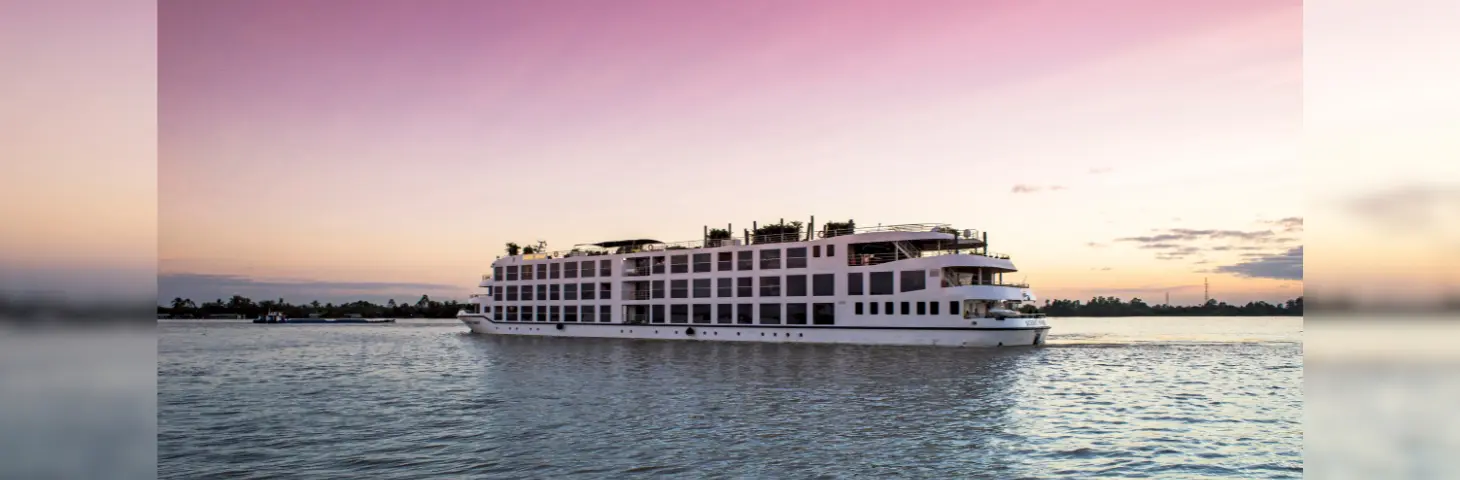 Scenic river ship at sunset