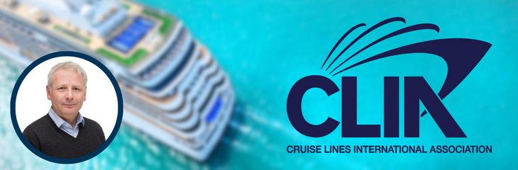 Blurred cruise line at sea overlaid by CLIA logo and Andy Harmer headshot. 