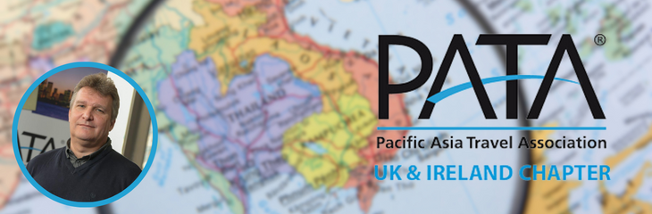 Chris Crampton chairman of PATA UK Ireland chapter headshot overlaid with a blurred image of Pacific Asia on a map