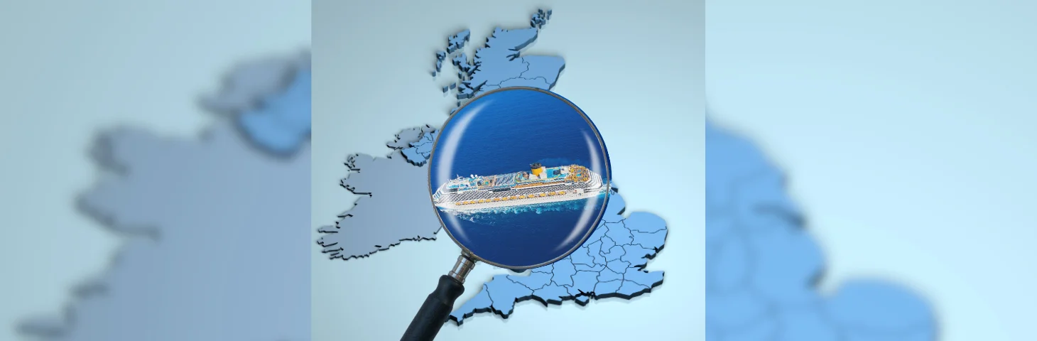 Map of the UK overlaid with a magnifying glass examining a cruise ship