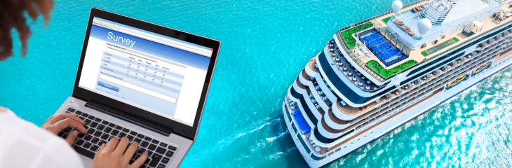 Person completing survey on a laptop overlaid with image of cruise ship at seapng