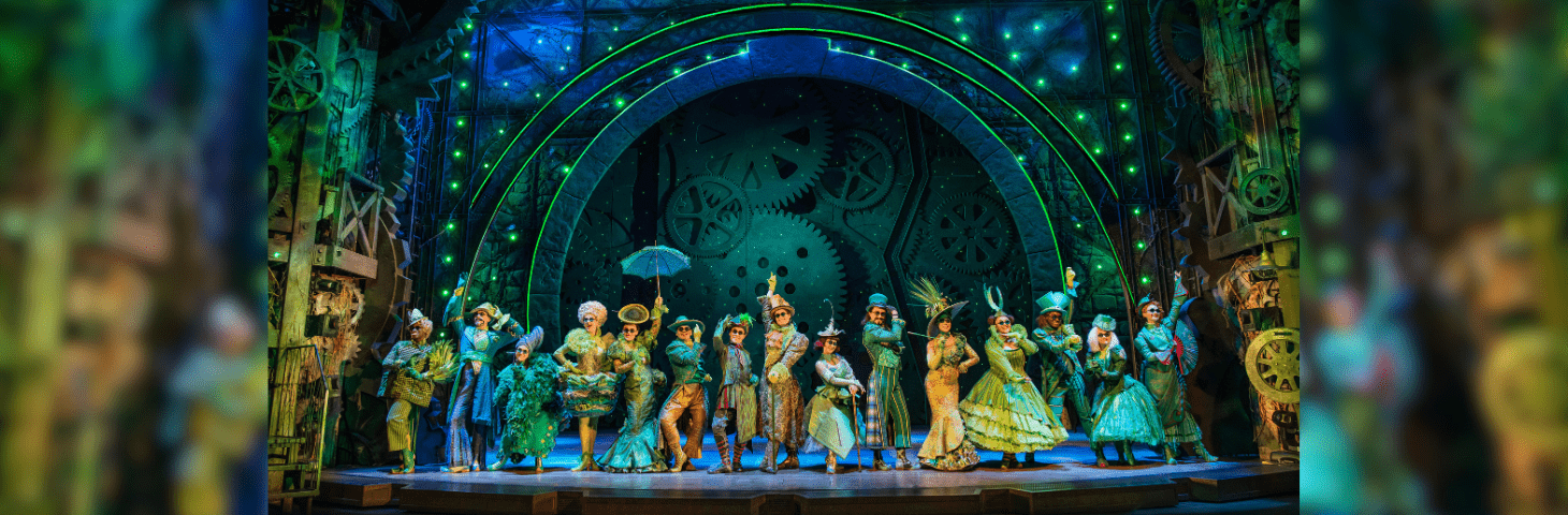 The cast of Wicked on stage at the Apollo Victoria Theatre in London. 