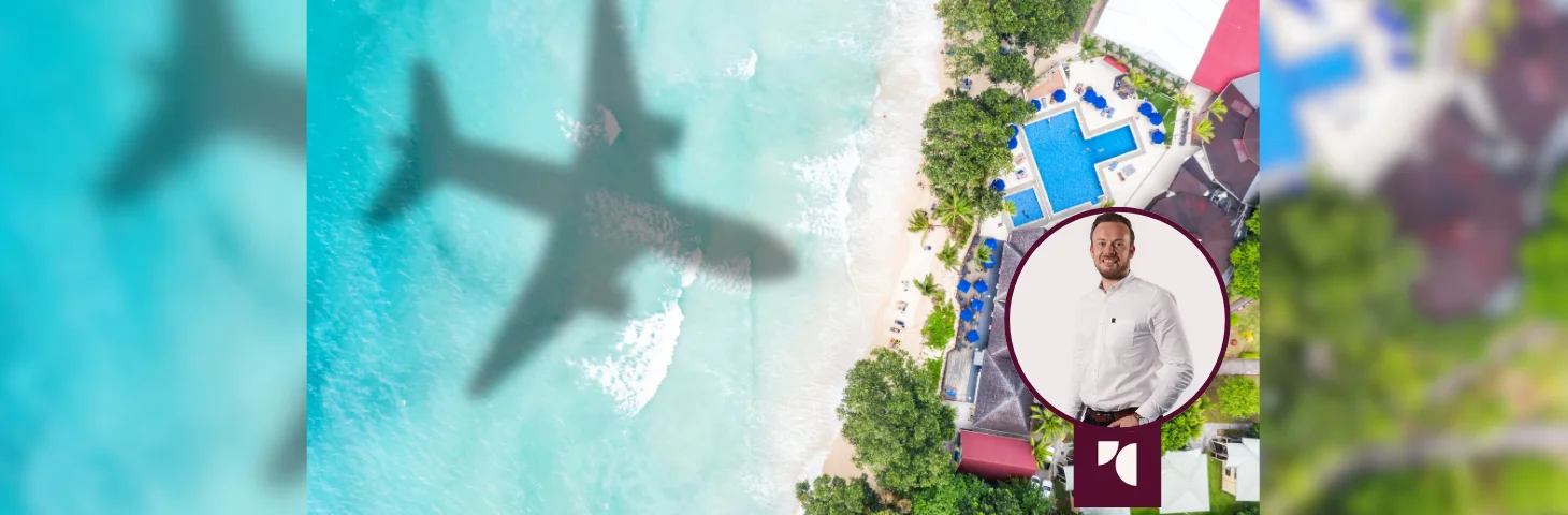 Plane flying over a tropical island overlaid with Elliott Rouse headshot and Travel Counsellors logo.