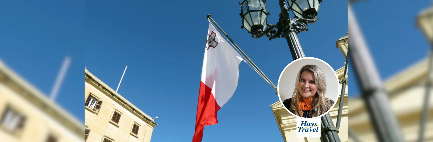 Maltese flag waving from a lamppost, overlaid with Libby Gray headshot and Hays Travel logo.