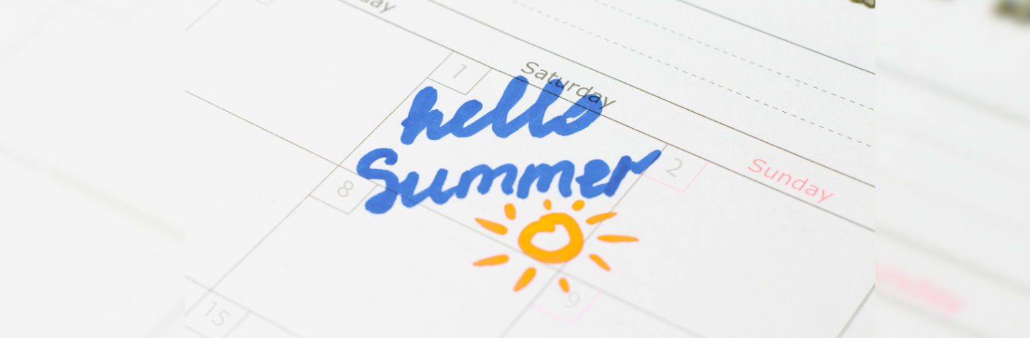 A calendar with 'Hello Summer' written on the first Saturday of the month.