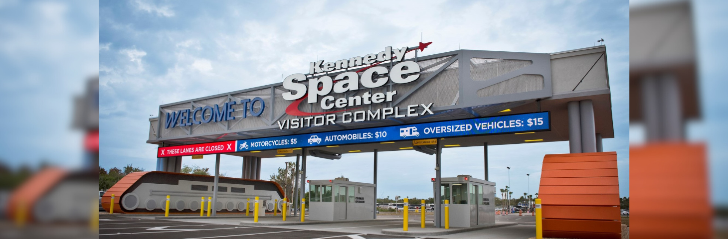 Kennedy Space Center Visitor Complex vehicle entrance.