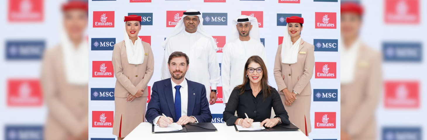 Representatives from MSC Cruises and Emirates at the signing of the partnership extension at Arabian Travel Market 2024.