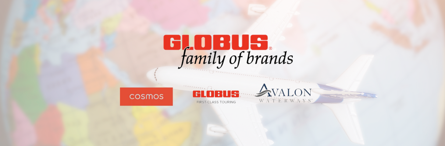 Globus family of brands logos overlaying an image of a model plane flying over a globe.
