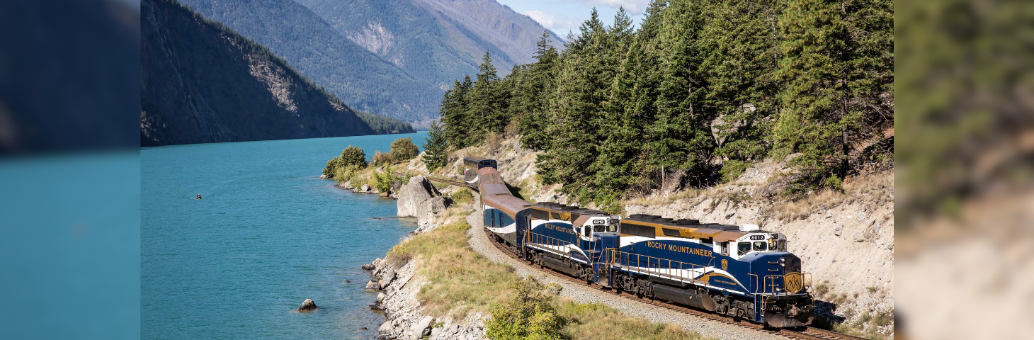Rocky Mountaineer on the on the 'Rainforest to Gold Rush' route near Seton Lake, British Columbia.