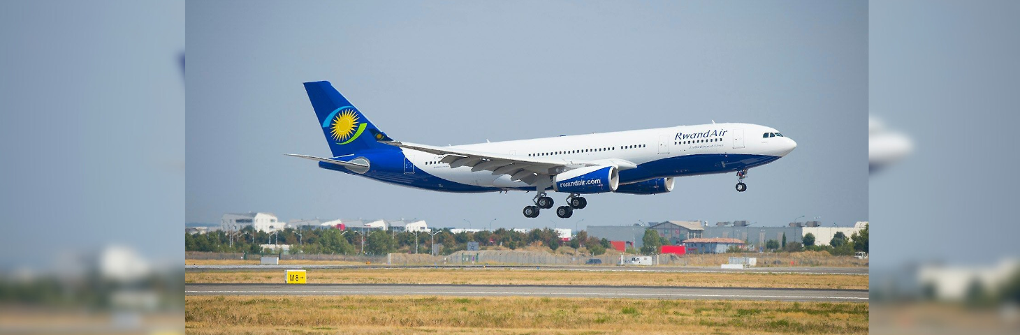 A RwandAir A330 plane taking off from the runaway at Kigali Airport. 