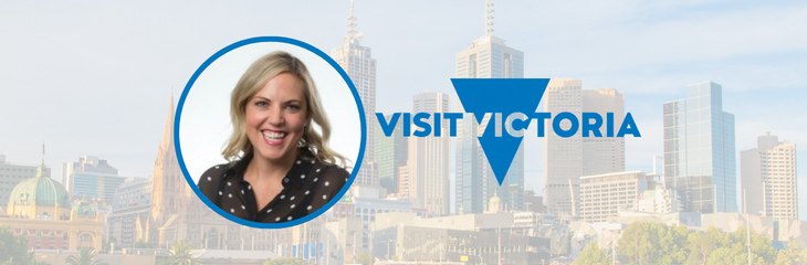Headshot of Shae Keenan, chief marketing officer at Visit Victoria, overlaid with an image of the Melbourne skyline.