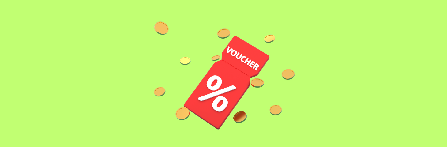 A voucher featuring the percentage sign falling, surrounded by coins.