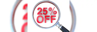A magnifying glass inspecting 3D letters spelling out '25% OFF'