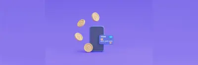 A cartoon graphic of a mobile phone, with four coins and a payment card floating above.