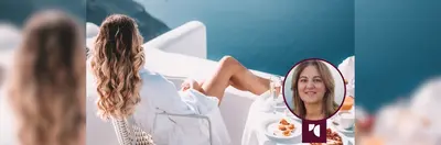 A woman relaxing while eating breakfast in Santorini, overlaid with Maria Demosthenous' headshot and the Travel Counsellors logo.