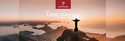 A promotional banner for Latin Routes, showing the Christ the Redeemer statue in Rio de Janeiro, Brazil.