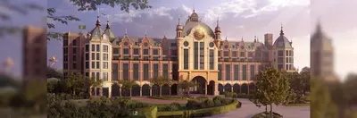 Concept art of the front exterior of the new Efteling Grand Hotel at Efteling theme park in Holland.