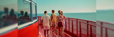 Four runners running on the 'Runway' running track around the edge of a Virgin Voyages ship.