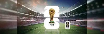Graphic of the World Cup trophy against a backdrop of the football pitch