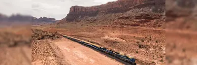 Canyon Spirit—previously named Rocky Mountaineer—driving past Monument Valley, on the Arizona-Utah border.