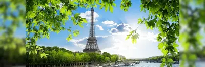 The Eiffel Tower, photographed from across the Seine River.