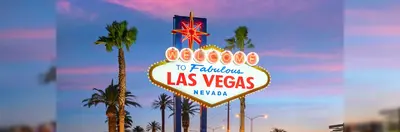The 'Welcome to Fabulous Las Vegas Nevada' sign at sunset.
