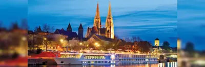 A Trafalgar river cruise ship docked on the Danube river.
