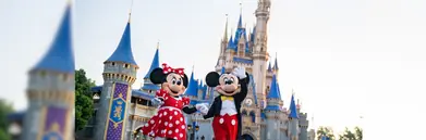 Mickey and Minnie Mouse outside the Disney Castle 