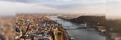 An aerial view of the Danube river in Budapest.