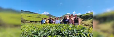 Group from Travel Counsellors in green fields with hilly landscape behind