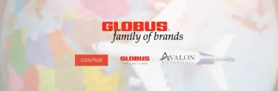 Globus family of brands logos overlaying an image of a model plane flying over a globe.
