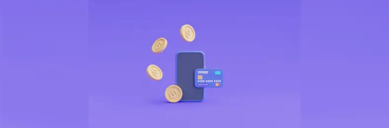 A cartoon graphic of a mobile phone, with four coins and a payment card floating above.