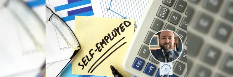 A graphic of office equipment and documents with a post-it note saying 'Self-Employed', overlaid with Craig Goodridge's headshot and travel company logo.