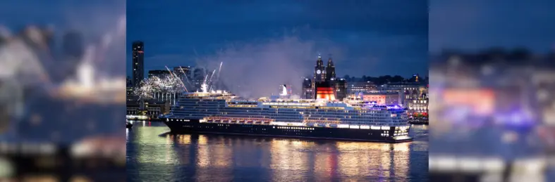 Fireworks launching from Queen Anne at Cunard's naming ceremony for its most recent ship.