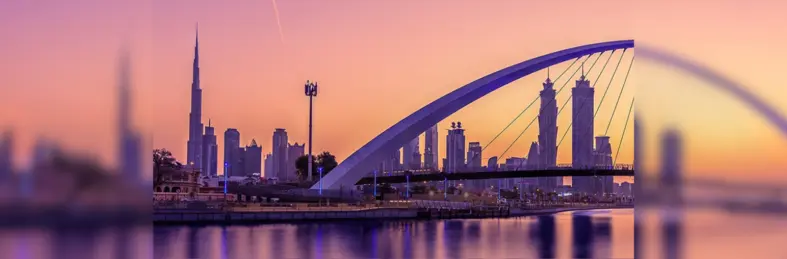 The Dubai skyline at sunset