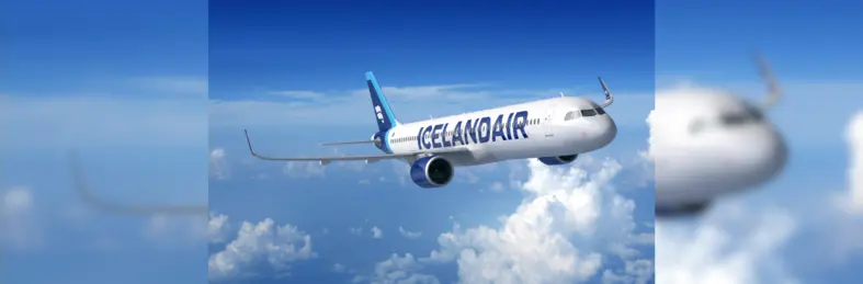 A digital rendering of the Icelandair Airbus A321neo in flight.