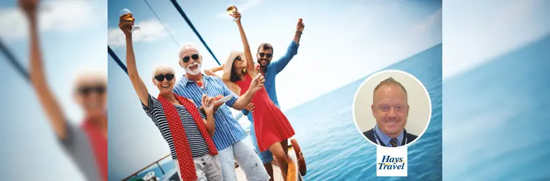 A family of four toasting on a cruise ship, overlaid with Martin Brown Hays Travel branch manager headshot.