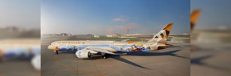 The Warner Bros. World Abu Dhabi-branded Boeing 7870-10 Dreamliner