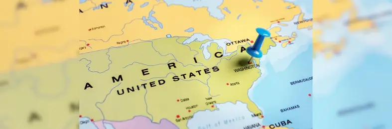 A map of North America with a pin in Washington D.C.