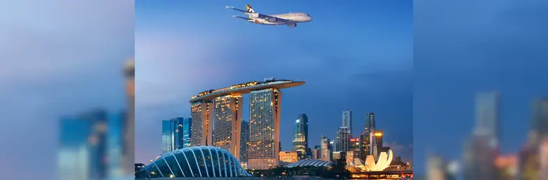Emirates' A380 aircraft flying over Singapore