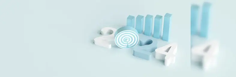 A 3d rendering of a bar chart and 2024, with the 0 replaced with an arrow hitting bullseye on a target.
