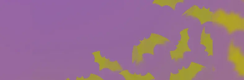 A purple background overlaid with paper bats made out of yellow.