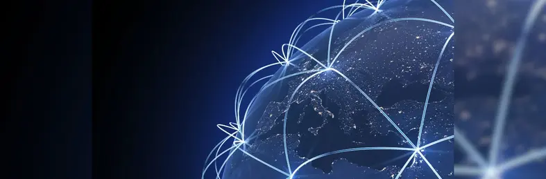 A digital rendering of the Earth, connected by several white lines representing air routes.