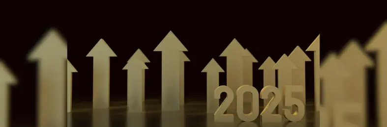 Several gold arrows pointing upwards overlaid with the number '2025' on a black background.