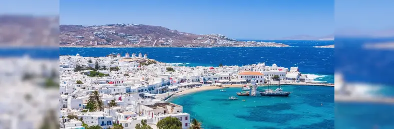 Panoramic view of Mykonos town in the Cyclades Islands.