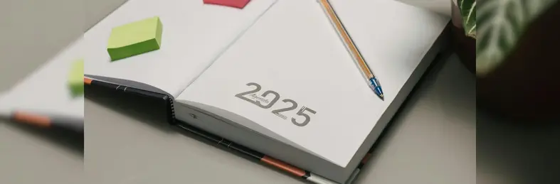 A diary open on a page saying '2025 Agenda', with a pen and post-it notes rested on top.