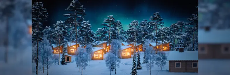 A row of Lakeside Aamu-Suites in Lapland, Finland. 