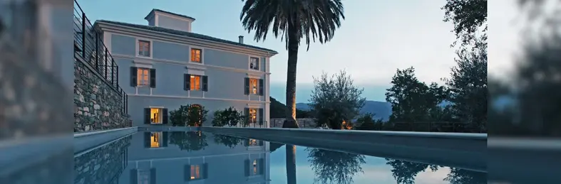 The pool area at Aethos Corsica, a nine-room hillside property situated on the outskirts of the chic St. Florent, Corsica.