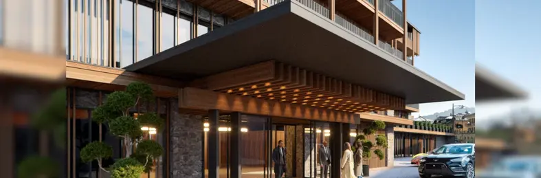 A digital rendering of the front entry plaza of  Hotel Bellevue Cortina d’Ampezzo, Emblems Collection, opening in 2026.